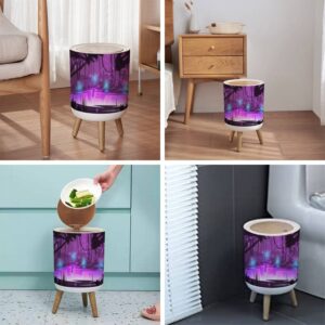 Small Trash Can with Lid for Bathroom Kitchen Office Diaper Magic forest wolves mystery silhouettes river purple light cartoon Bedroom Garbage Trash Bin Dog Proof Waste Basket Cute Decorative