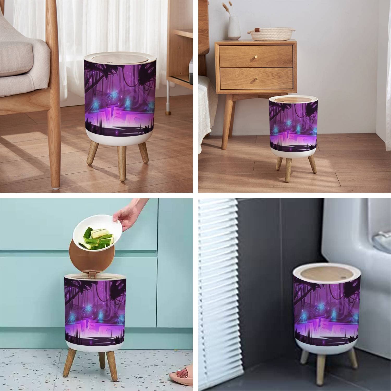 Small Trash Can with Lid for Bathroom Kitchen Office Diaper Magic forest wolves mystery silhouettes river purple light cartoon Bedroom Garbage Trash Bin Dog Proof Waste Basket Cute Decorative