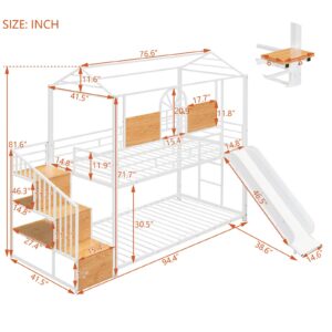 CALABASH Twin Over Twin House Bunk Beds with Slide and Storage Stair with Storage Stairs, Steps Kids Metal Low Bunk Beds with Guardrails for Girls & Boys (White)