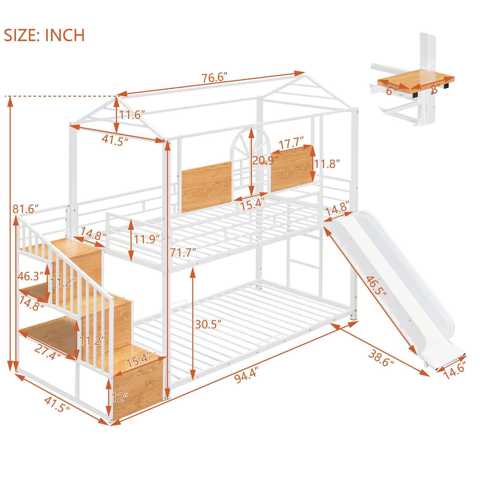 CALABASH Twin Over Twin House Bunk Beds with Slide and Storage Stair with Storage Stairs, Steps Kids Metal Low Bunk Beds with Guardrails for Girls & Boys (White)