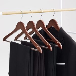 TECHMILLY Solid Natural Wooden Coat Hangers, 10 Pack Heavy Duty Smooth Finish Suit Hangers with Non-Slip Pant Bar, Precisely Cut Notches & Chrome Swivel Hook for Closet, Wardrobe