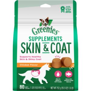 greenies skin & coat food supplements with omega 3 fatty acids chicken- flavor soft chews for adult dogs, count of 80, 1.66 lb