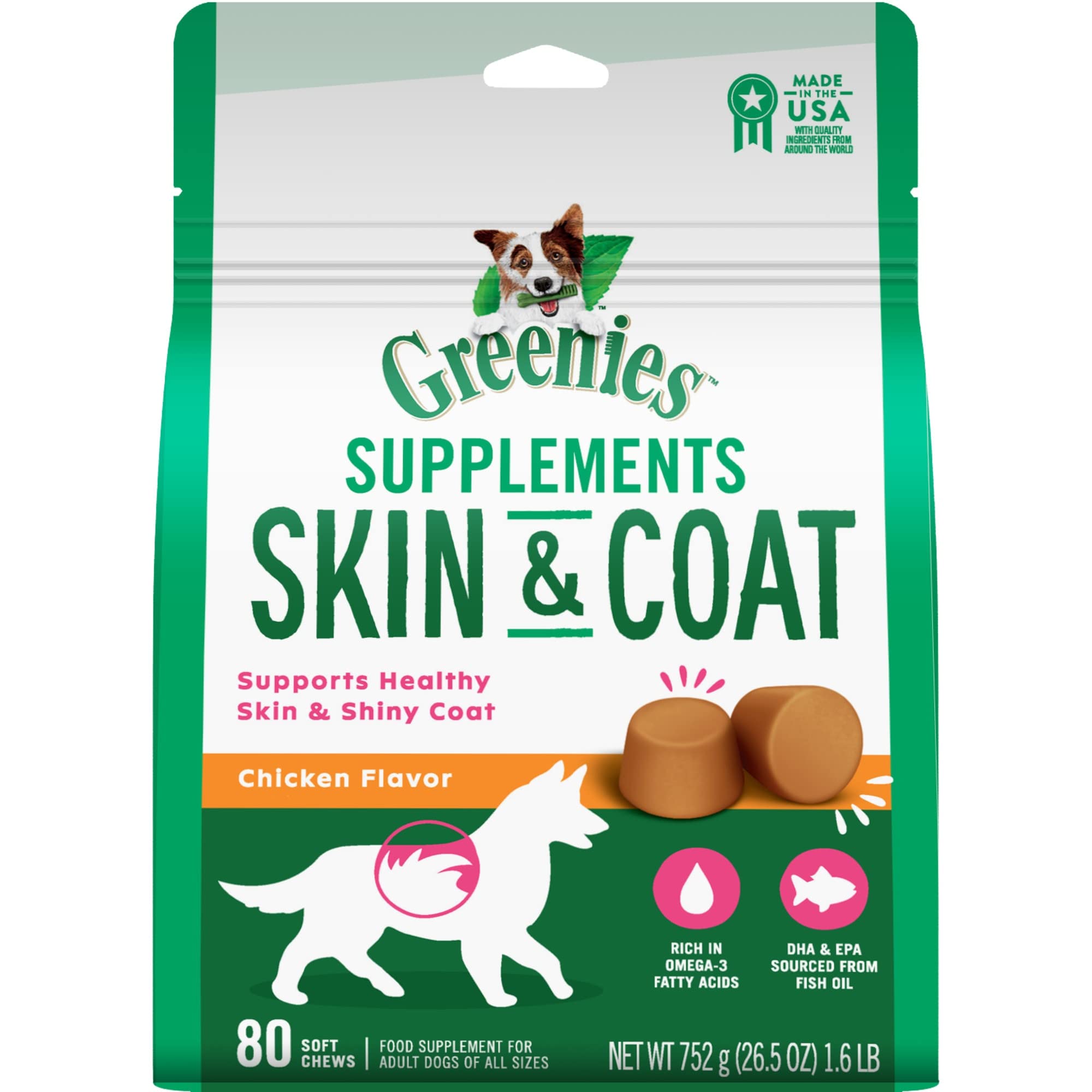 Greenies Skin & Coat Food Supplements with Omega 3 Fatty Acids Chicken- Flavor Soft Chews for Adult Dogs, Count of 80, 1.66 LB