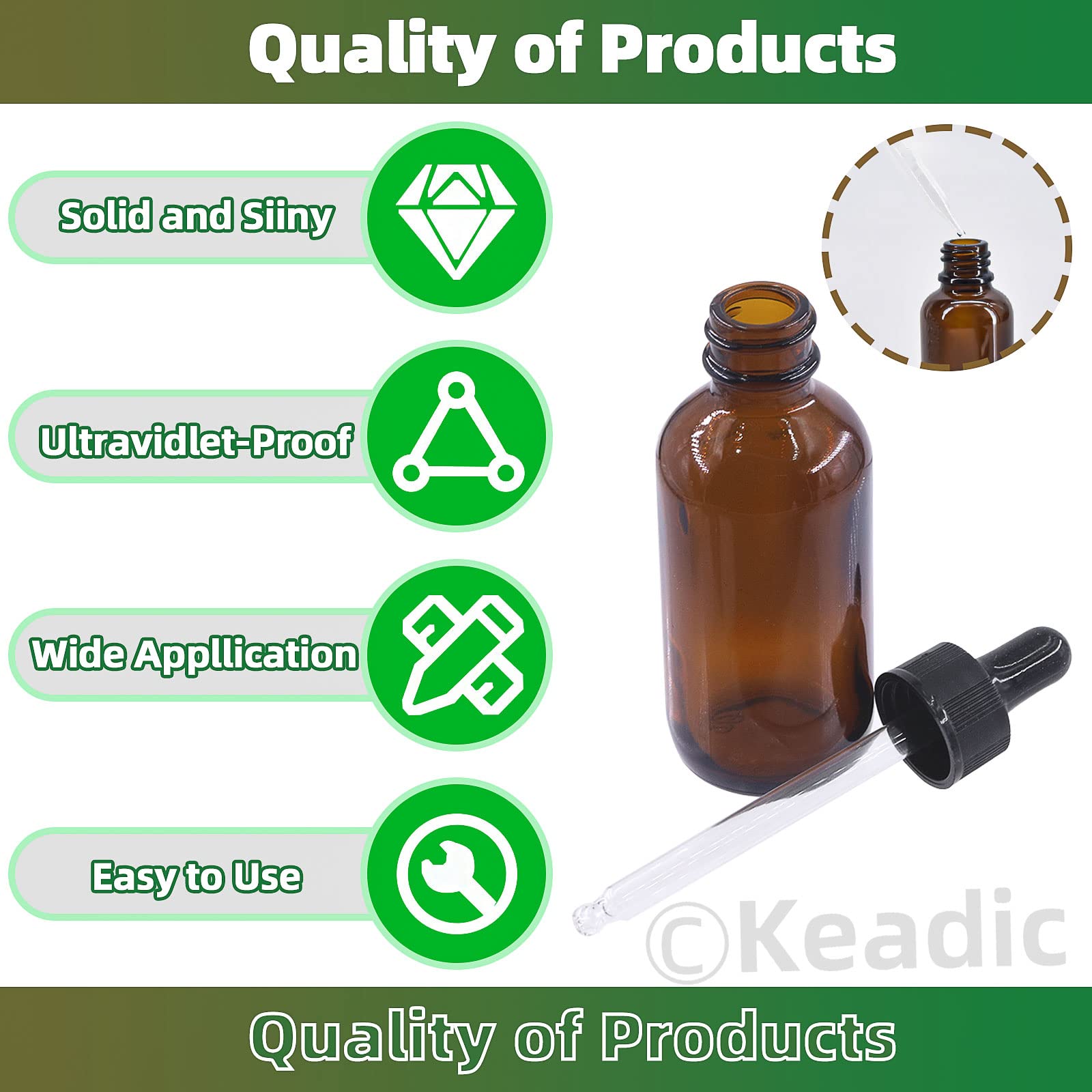 Keadic 24 Pack 1 Oz 2 Oz 4 Oz Glass Dropper Bottles Assortment Set with Tapered Eye Dropper & Black Cap Amber Round Boston Tincture Bottles for Massage Essential Oils Perfumes Liquids