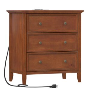 IKENO Nightstand with 3 Drawers and Charging Station, Solid Wood Nightstand Organizer for Bedroom