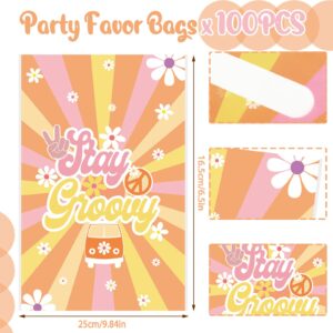 100 Pack Groovy Party Bags Hippie Boho Candy Bags Two Groovy Plastic Goodie Bags 60's 70's Hippie Party Favor Treat Bag with Handles for Hippie Boho Groovy Daisy Flower Birthday Party Supplies