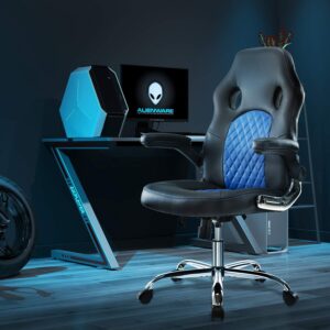 SMUG Gaming Chair Ergonomic Office Chair PU Leather Computer Chair High Back Desk Chair Adjustable Swivel Task Chair with Lumbar Support/Flip-up Armrests, Blue