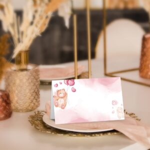 Table Place Card for Baby Shower, 25 Pcs Tent Cards Set with Blush Pink Bear Ballon Design, Editable Name Cards for Table Seating, Party Food Lables, We Can Bearly Wait Baby Shower Decorations(01)