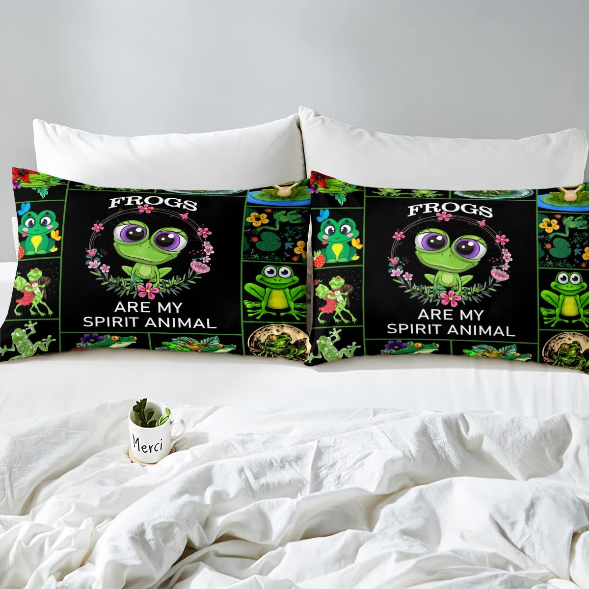 Castle Fairy Cute Frog Duvet Cover Queen Size Frog Lovers Comforter Cover with 2 Pillowcase for Teens Adults Kids Green Frog Bedding Set Animals Grid Breathable 3 Pieces Decorative Bed Cover