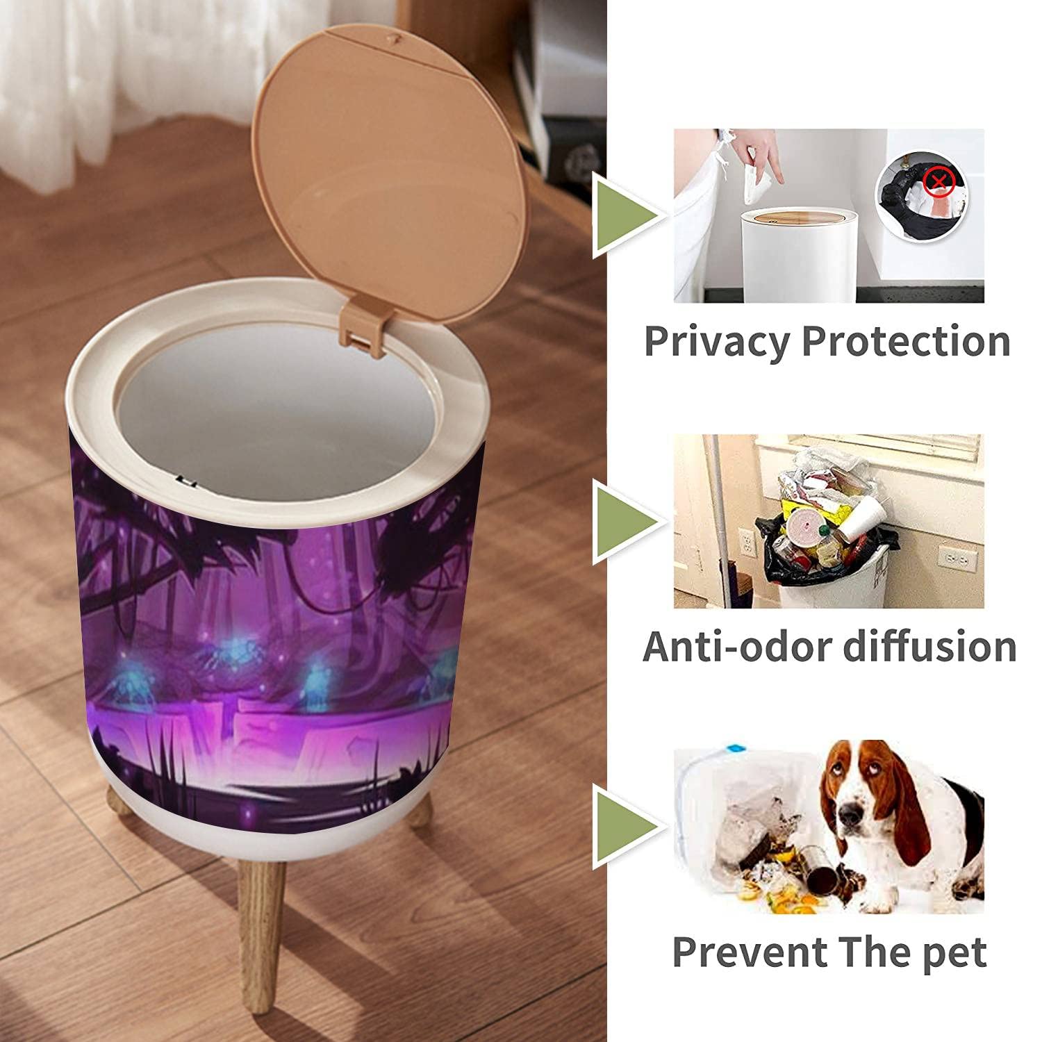 Small Trash Can with Lid for Bathroom Kitchen Office Diaper Magic forest wolves mystery silhouettes river purple light cartoon Bedroom Garbage Trash Bin Dog Proof Waste Basket Cute Decorative