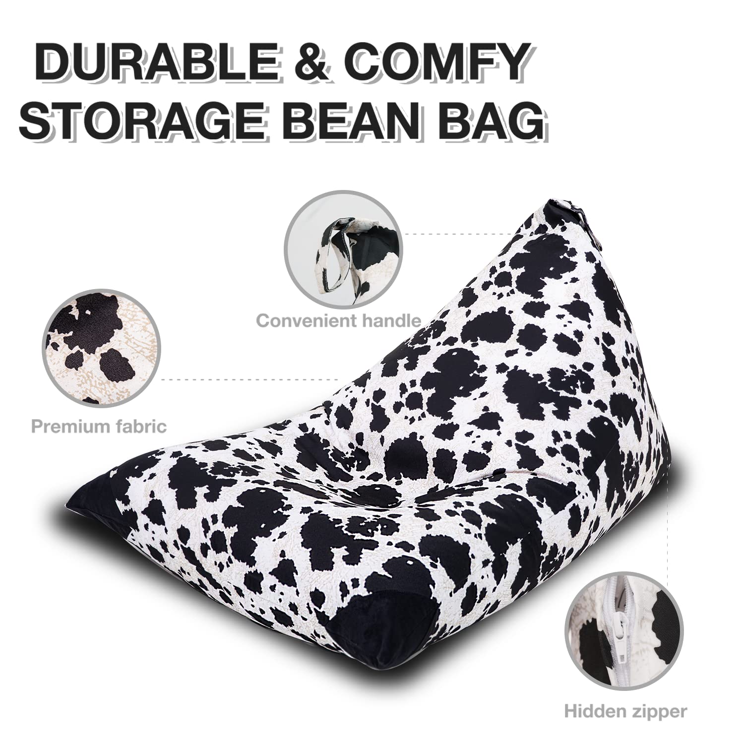 Cow Stuffed Animal Storage Bean Bag Chair, Cover Only, Plush Toys Holder and Organizer for Kids, Extra Large Beanbag Without Filling