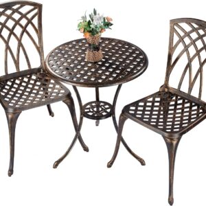 ZOTORUN Bistro Set 3 Piece Cast Aluminum Patio Furniture Sets 2 Chairs and 1 Round Table with Umbrella Hole for Outdoor, Patio Balcony, Bronze