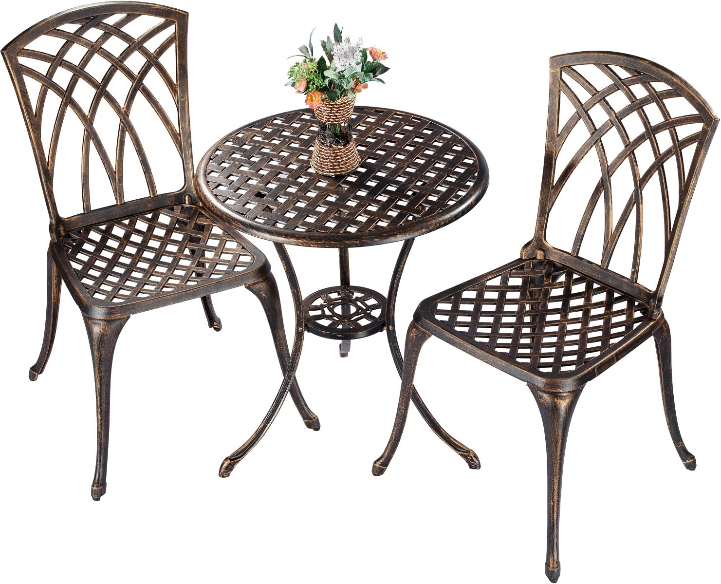 ZOTORUN Bistro Set 3 Piece Cast Aluminum Patio Furniture Sets 2 Chairs and 1 Round Table with Umbrella Hole for Outdoor, Patio Balcony, Bronze