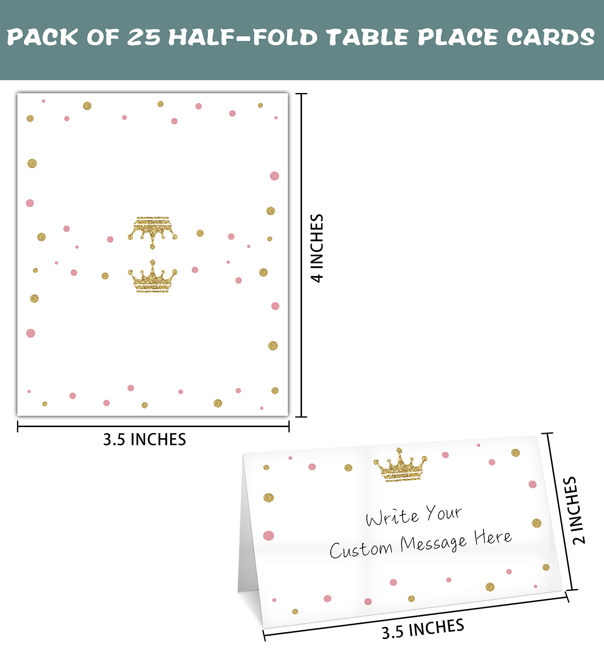 Table Place Card for Baby Shower, 25 Pcs Tent Cards Set with Pink & Gold Design, Editable Name Cards for Table Seating, Party Food Lables, Gold Crown Little Princess Baby Shower Decorations(05)