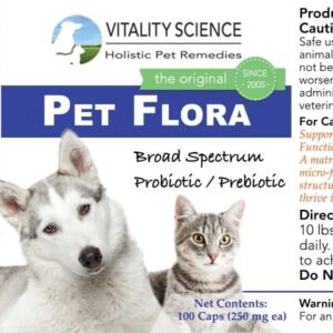 Vitality Science Pet Flora Natural Cat & Dog Gut Health Probiotics | Dog Digestive Supplements | Cat Constipation Relief | Dog Gas Remedy | Daily Probiotic for Dogs & Cats (250 Caps)