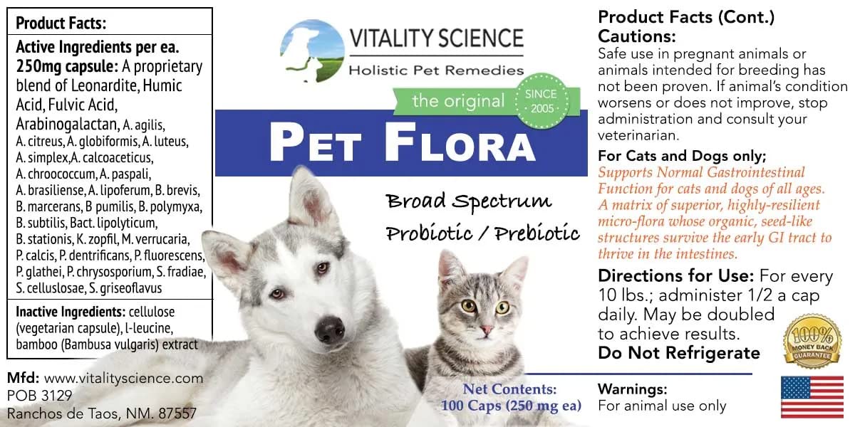 Vitality Science Pet Flora Natural Cat & Dog Gut Health Probiotics | Dog Digestive Supplements | Cat Constipation Relief | Dog Gas Remedy | Daily Probiotic for Dogs & Cats (250 Caps)