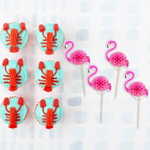 Ephlyn 24pcs 3D Flamingo Cupcake Toppers, Tropical Aloha Luau Cupcake Picks for Baby Shower, Summer Party, Wedding & Birthday Cake Decorations