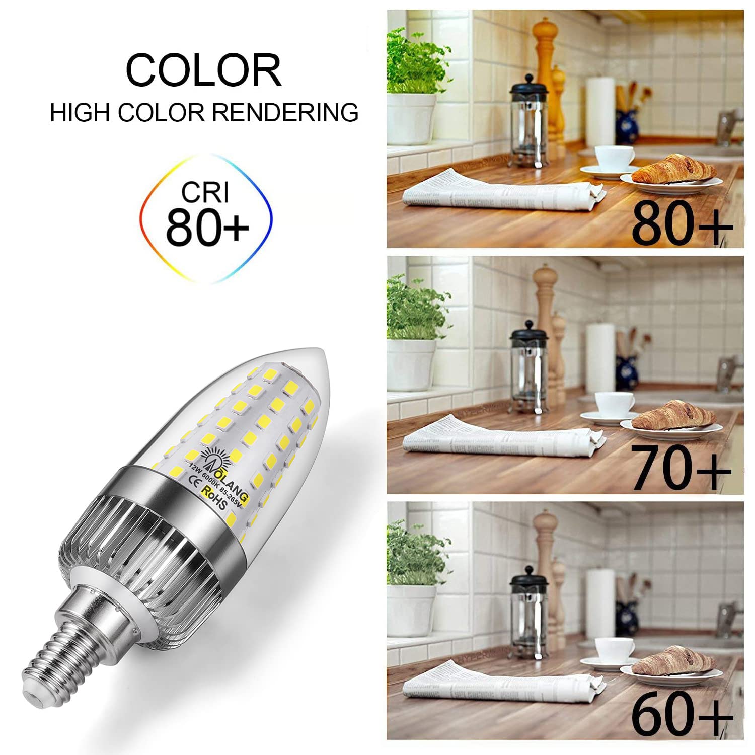 Aolang E12 LED Candelabra Bulb, 12W LED Candle Bulbs,100-Watt Light Bulbs Equivalent, Daylight White 6000K Chandelier Bulbs, E12 Candelabra Base, 85V-265V, 1200Lumens, Non-Dimmable (4 Pack)