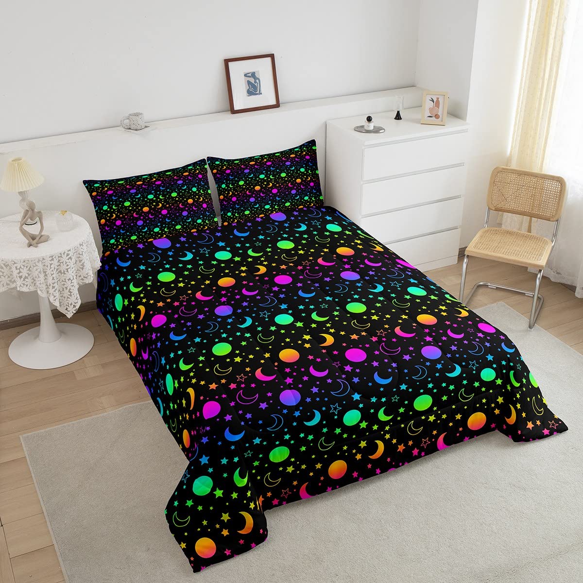 Moon Star Print Comforter Set Boho Exotic Bedding Set Galaxy Starry Sky Comforter for Kids Boys Girls Astrology Space Duvet Set Cosmic Celestial Room Decor Quilt Full Size Boys