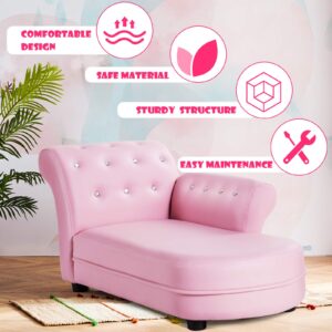 INFANS Kids Sofa, Toddler Couch with PVC Leather & Embedded Crystal, Pink Princess Chaise Lounge Armchair, Toddler Furniture Kids Upholstered Long Lounger for Toddler Baby Girl, Living Room