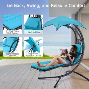 Dkelincs Hanging Lounge Chair, Outdoor Swinging Curved Chaise Lounge Chair with Canopy Umbrella and Pillow for Outside, Large Heavy Duty Egg Chair for Porch Patio Backyard Deck Blue