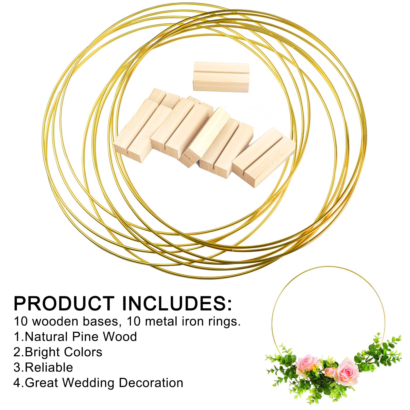 10Pcs 12 Inch Metal Floral Hoop Centerpiece Table Decorations, Gold Wreath Macrame Hoop Rings with 10Pcs Wooden Place Card Holders for Craft Wedding Table Decor Home Party Decor