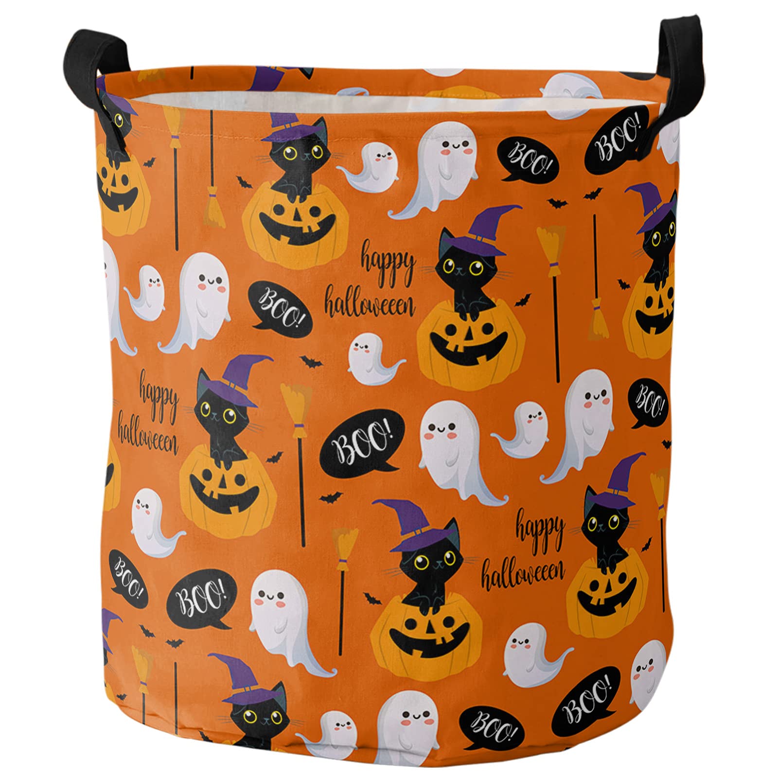 Laundry Basket,Halloween Black Cat Ghost Pumpkins Waterproof Clothes Hampers with Handle,Boo Witch Hat Broom on Orange Large Collapsible Storage Bag for Bedroom Bathroom 16.5x17In