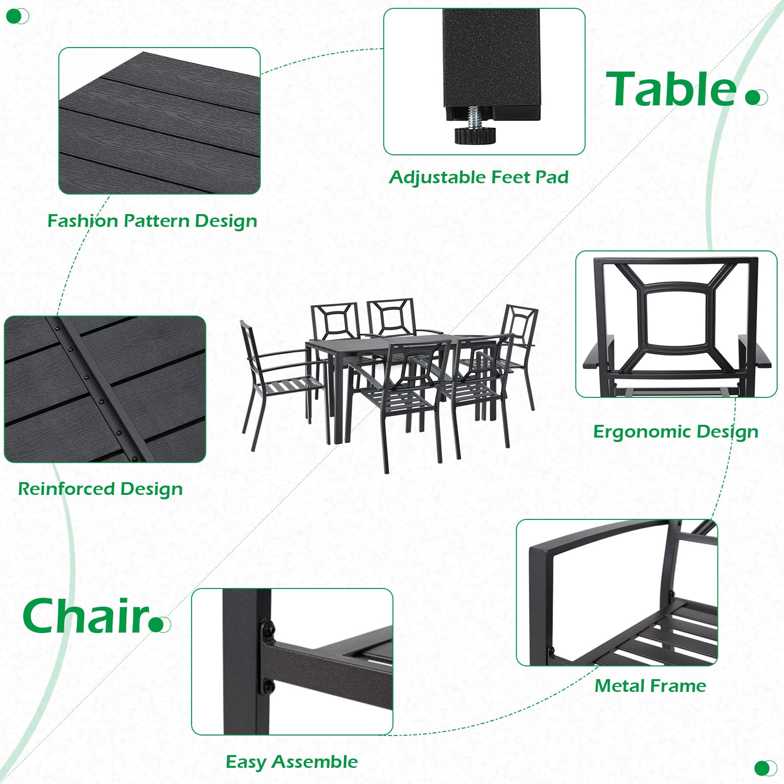 AECOJOY 7 Piece Outdoor Dining Set, Patio Table and Chairs Set with Rectangular Aluminum Table and 6 Metal Stackable Chairs for Garden, Backyard, Matte Black