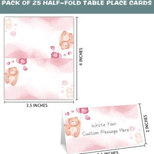 Table Place Card for Baby Shower, 25 Pcs Tent Cards Set with Blush Pink Bear Ballon Design, Editable Name Cards for Table Seating, Party Food Lables, We Can Bearly Wait Baby Shower Decorations(01)