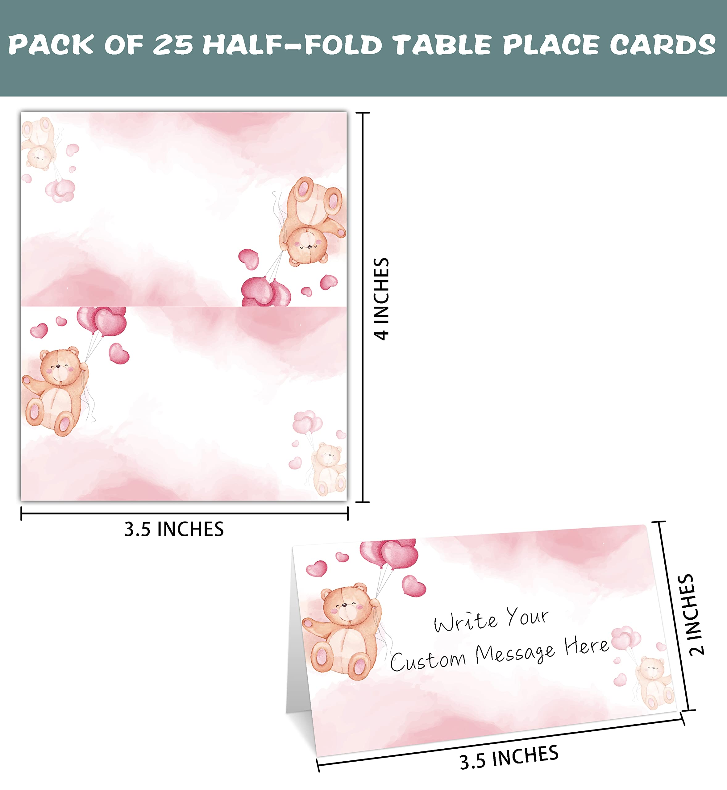 Table Place Card for Baby Shower, 25 Pcs Tent Cards Set with Blush Pink Bear Ballon Design, Editable Name Cards for Table Seating, Party Food Lables, We Can Bearly Wait Baby Shower Decorations(01)