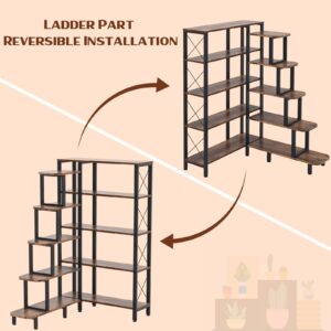 PONROL Large Corner Bookshelf Bookcase, Industrial Reversible 5 Tier Ladder Shelves Storage Display Rack with Metal Frame, Modern Home Office Furniture for Living Room Bedroom