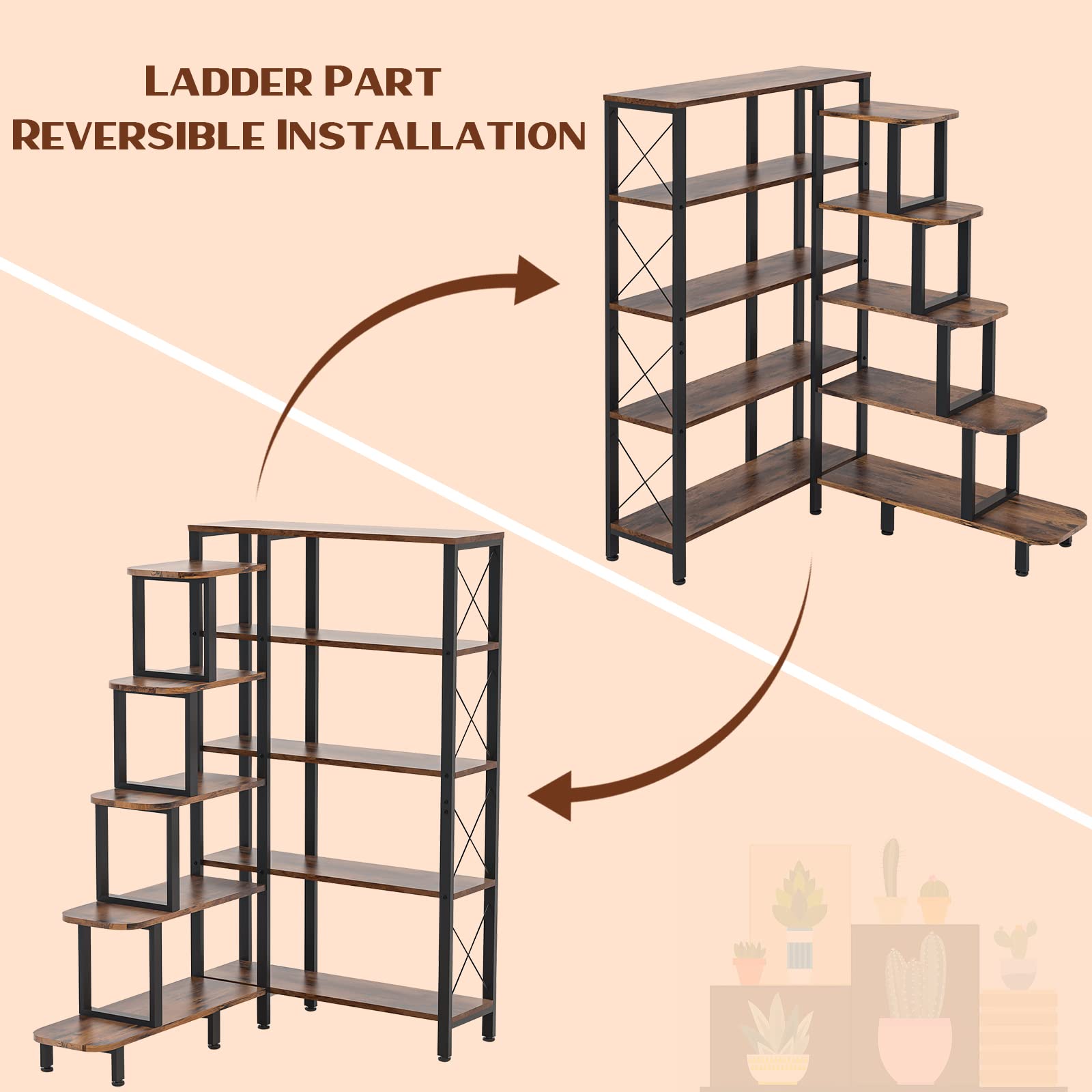 PONROL Large Corner Bookshelf Bookcase, Industrial Reversible 5 Tier Ladder Shelves Storage Display Rack with Metal Frame, Modern Home Office Furniture for Living Room Bedroom