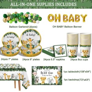 Yuzioey 224PCS Safari Baby Shower Decorations, Jungle Animals Oh Baby Party Supplies, Safari Disposable Dinnerware (Serve 24 Guests)with Paper Plates Cups, Backdrop Tablecloth Balloon Garland Kit