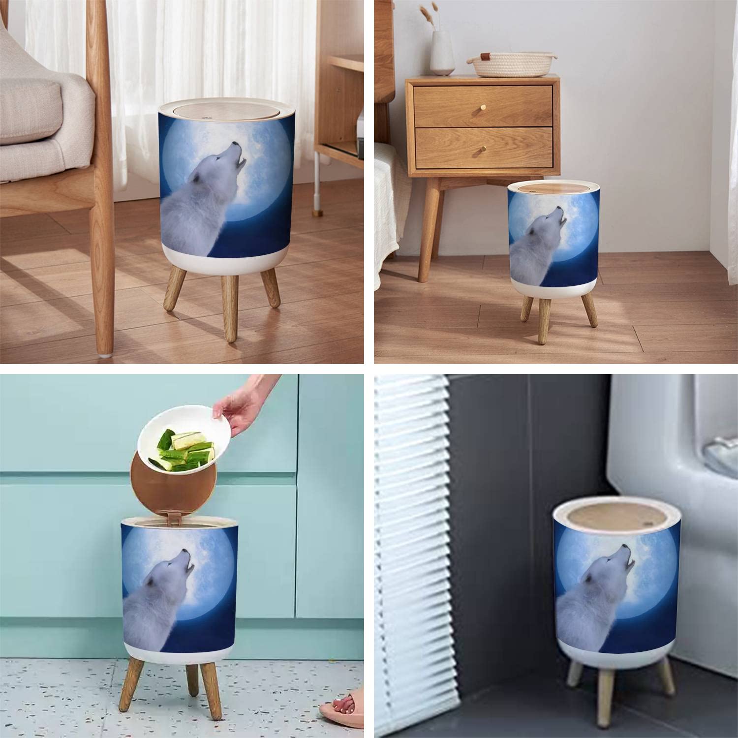 Small Trash Can with Lid for Bathroom Kitchen Office Diaper 3D rendering a majestic white sitting down howling to a big moon Stars Bedroom Garbage Trash Bin Dog Proof Waste Basket Cute Decorative