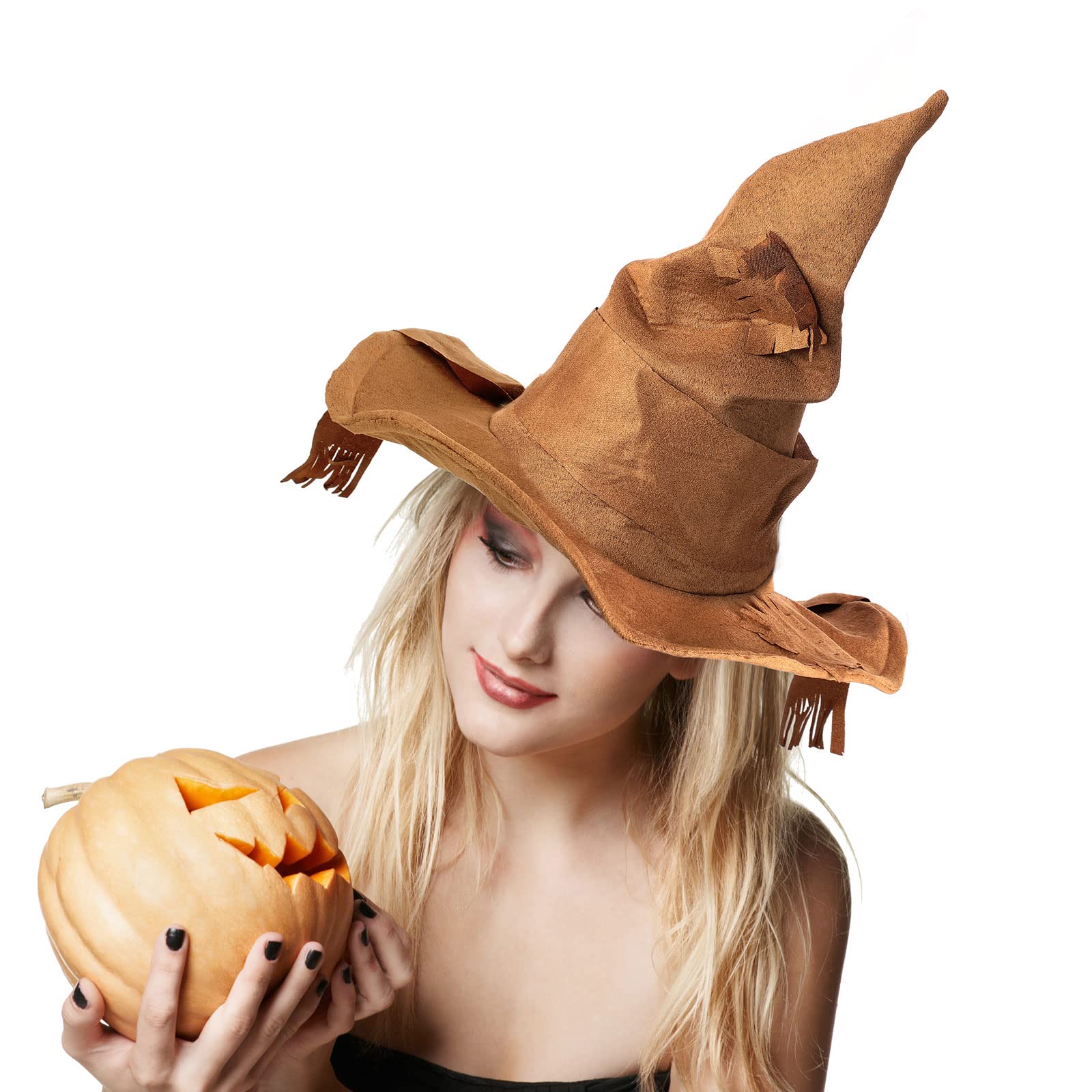 Halloween Adult Scarecrow Costume Hat Tattered Witch Hat Brown Wizard Hat for Halloween Party Accessories