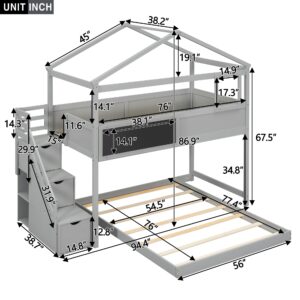 Harper & Bright Designs Twin Over Full House Bunk Bed with Stairs and Blackboard, Wood Floor Bunk Bed Frame with Storage Staircase, for Kids Teens (Gray)