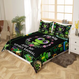 Castle Fairy Cute Frog Duvet Cover Queen Size Frog Lovers Comforter Cover with 2 Pillowcase for Teens Adults Kids Green Frog Bedding Set Animals Grid Breathable 3 Pieces Decorative Bed Cover