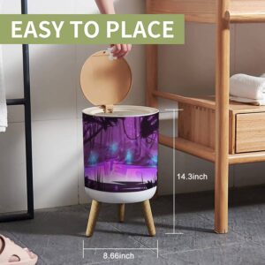 Small Trash Can with Lid for Bathroom Kitchen Office Diaper Magic forest wolves mystery silhouettes river purple light cartoon Bedroom Garbage Trash Bin Dog Proof Waste Basket Cute Decorative