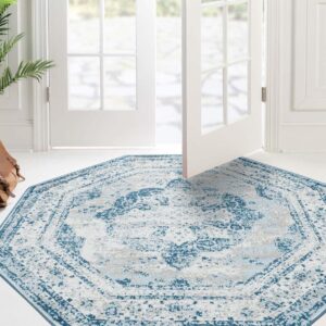 Rugs.com Monte Carlo Collection Rug – 4' Octagon Blue Medium Rug Perfect for Living Rooms, Kitchens, Entryways