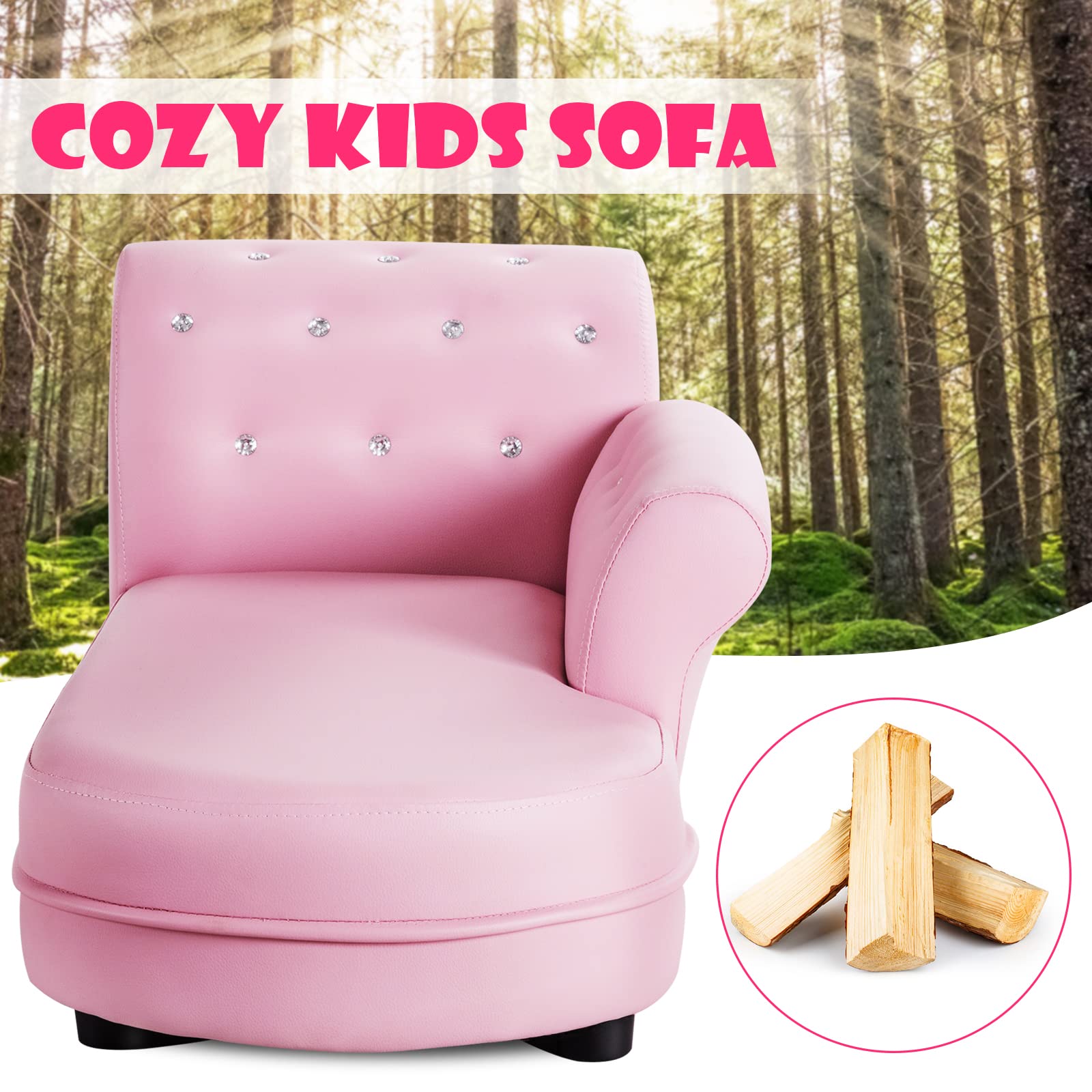 INFANS Kids Sofa, Toddler Couch with PVC Leather & Embedded Crystal, Pink Princess Chaise Lounge Armchair, Toddler Furniture Kids Upholstered Long Lounger for Toddler Baby Girl, Living Room