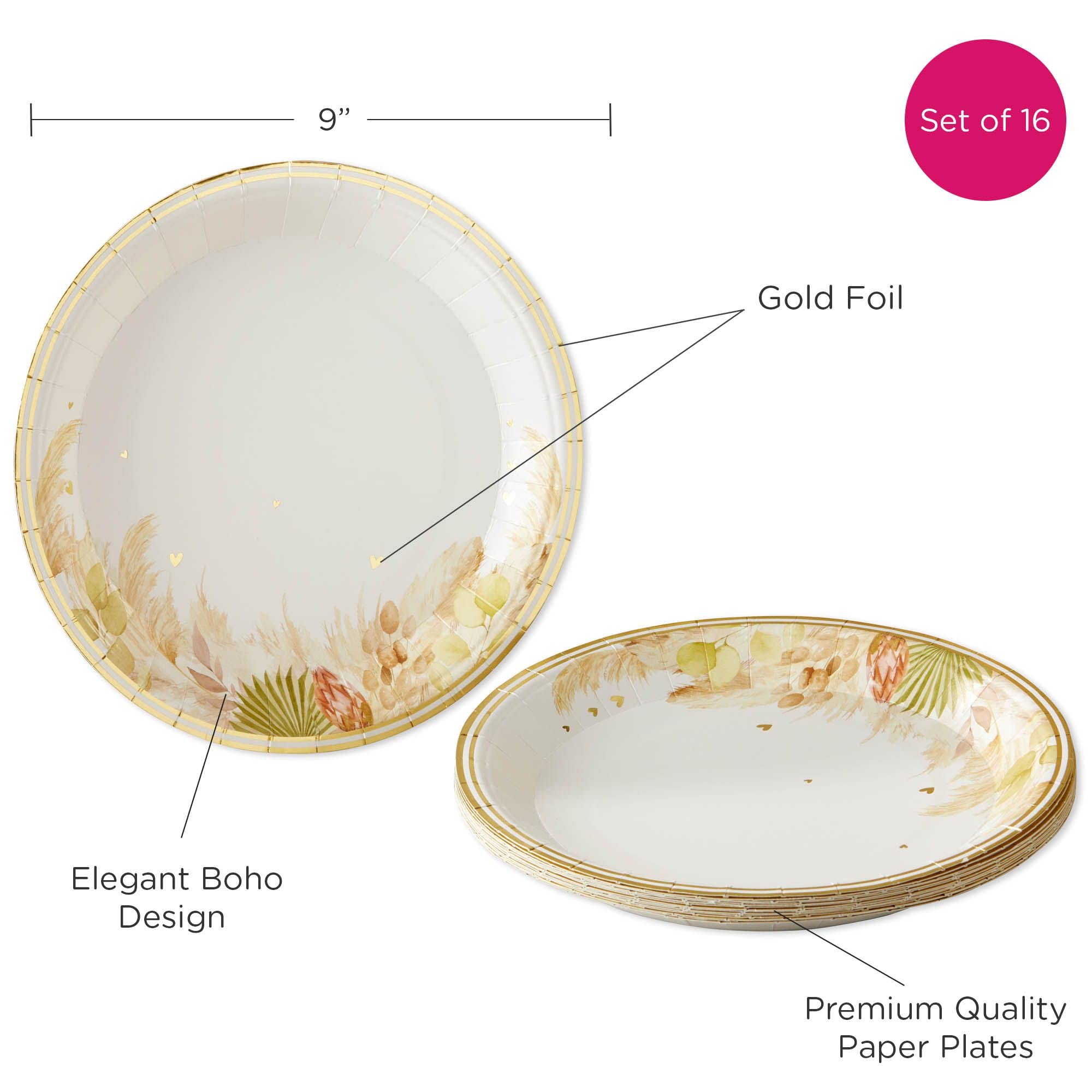 Kate Aspen Rustic Boho 9 in. Premium Paper Plates (350 GSM weight -Set of 16) - Perfect for Fall Weddings, Bridal Brunches, Bridal Showers, Baby Showers