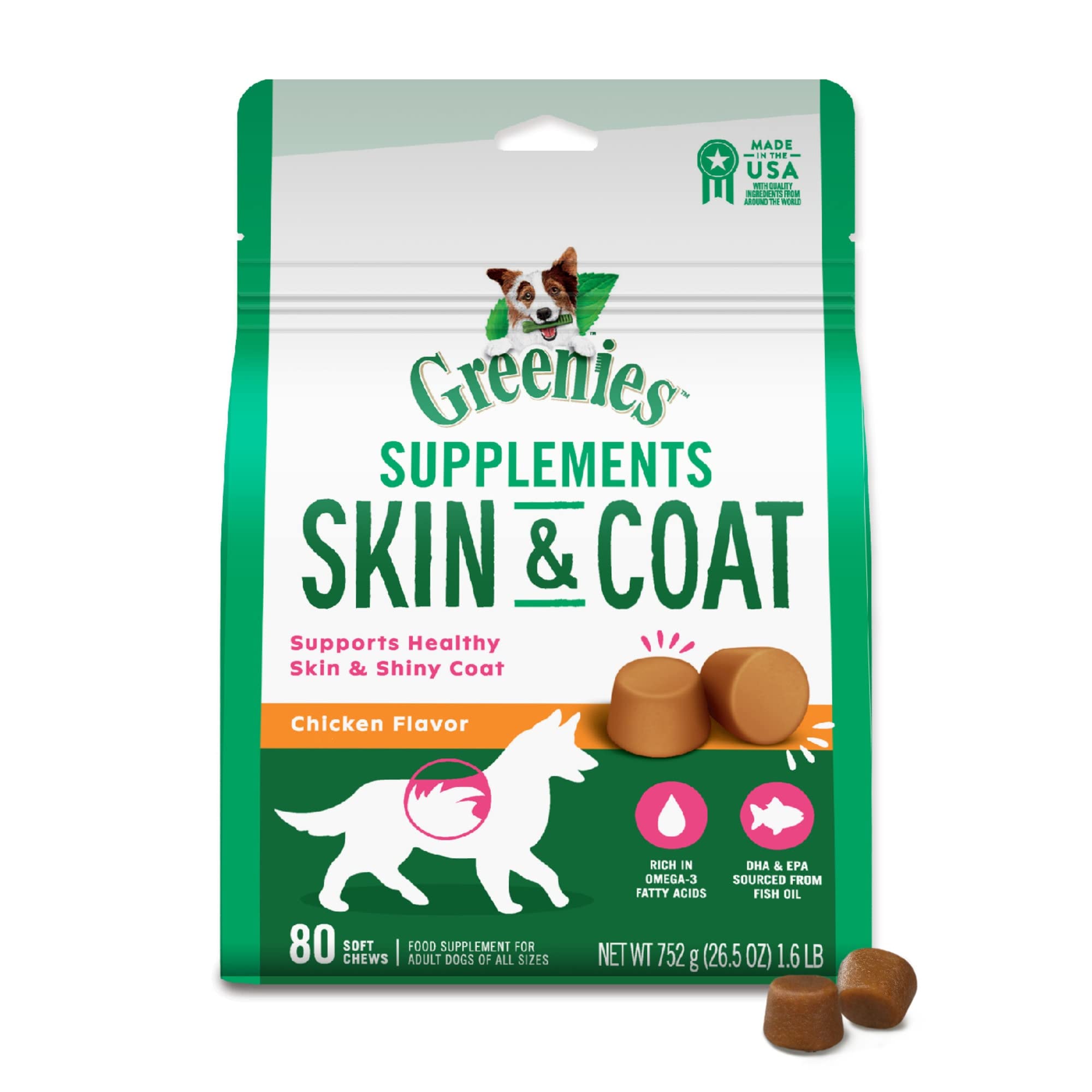 Greenies Skin & Coat Food Supplements with Omega 3 Fatty Acids Chicken- Flavor Soft Chews for Adult Dogs, Count of 80, 1.66 LB