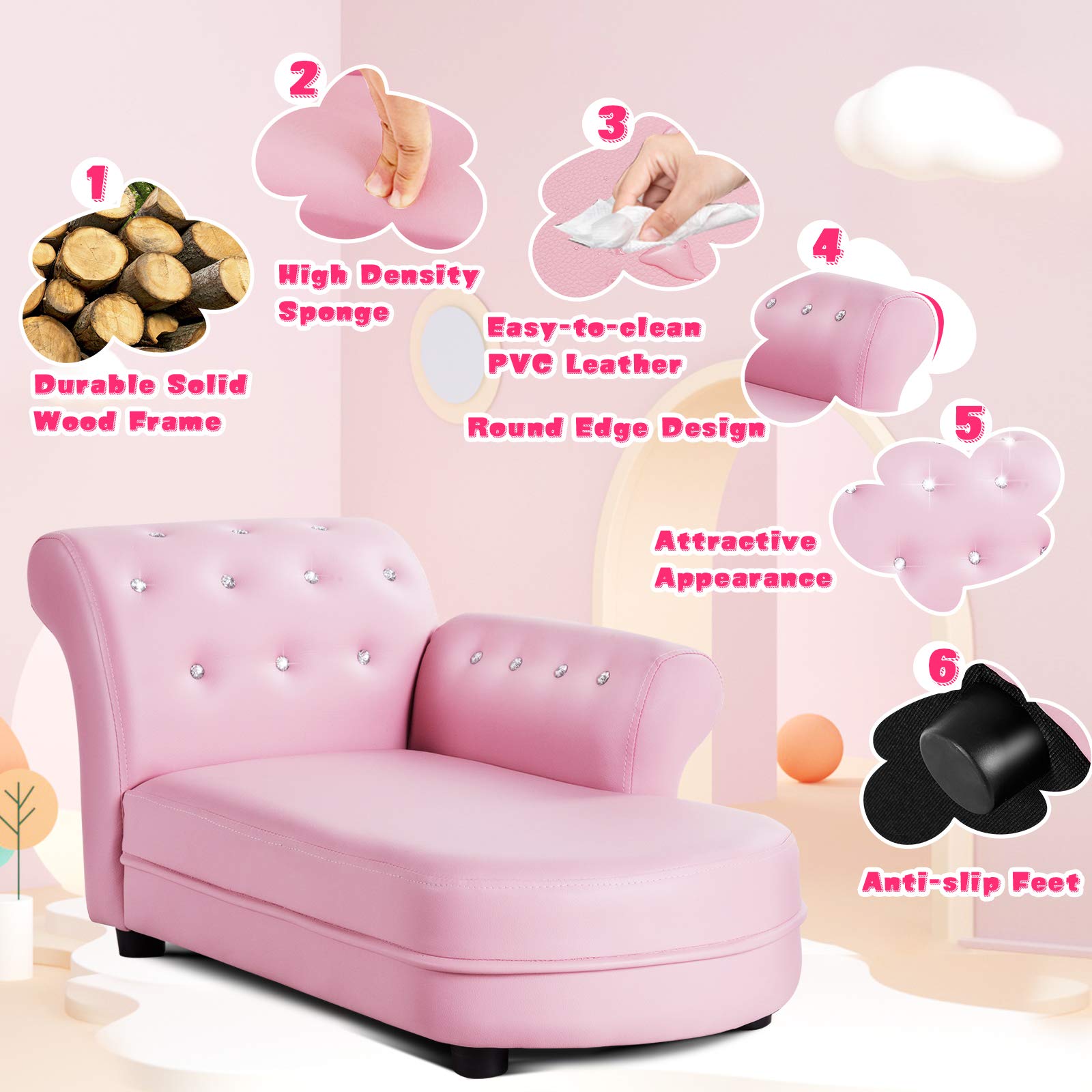 INFANS Kids Sofa, Toddler Couch with PVC Leather & Embedded Crystal, Pink Princess Chaise Lounge Armchair, Toddler Furniture Kids Upholstered Long Lounger for Toddler Baby Girl, Living Room