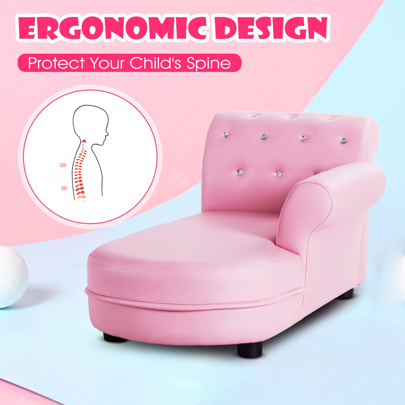 INFANS Kids Sofa, Toddler Couch with PVC Leather & Embedded Crystal, Pink Princess Chaise Lounge Armchair, Toddler Furniture Kids Upholstered Long Lounger for Toddler Baby Girl, Living Room