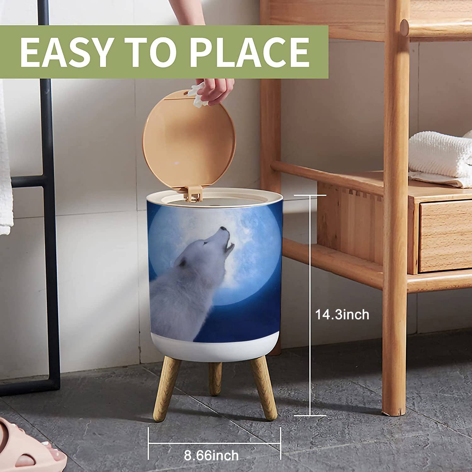 Small Trash Can with Lid for Bathroom Kitchen Office Diaper 3D rendering a majestic white sitting down howling to a big moon Stars Bedroom Garbage Trash Bin Dog Proof Waste Basket Cute Decorative