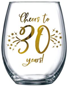 honeyplum 30th birthday or anniversary wine glass gift - cheers to 30 years - 20oz - stunning gold foil design