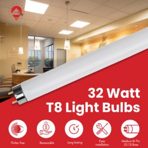 BULBMASTER F32T8/41K Fluorescent Light Bulbs 32W 48 Inch T8 F32T8 Fluorescent Tube, F32T8 841 Flourescent Bulbs, 4100K Cool White, 2800 Lumens, G13 Medium Bi-Pin Base, 4-Pack