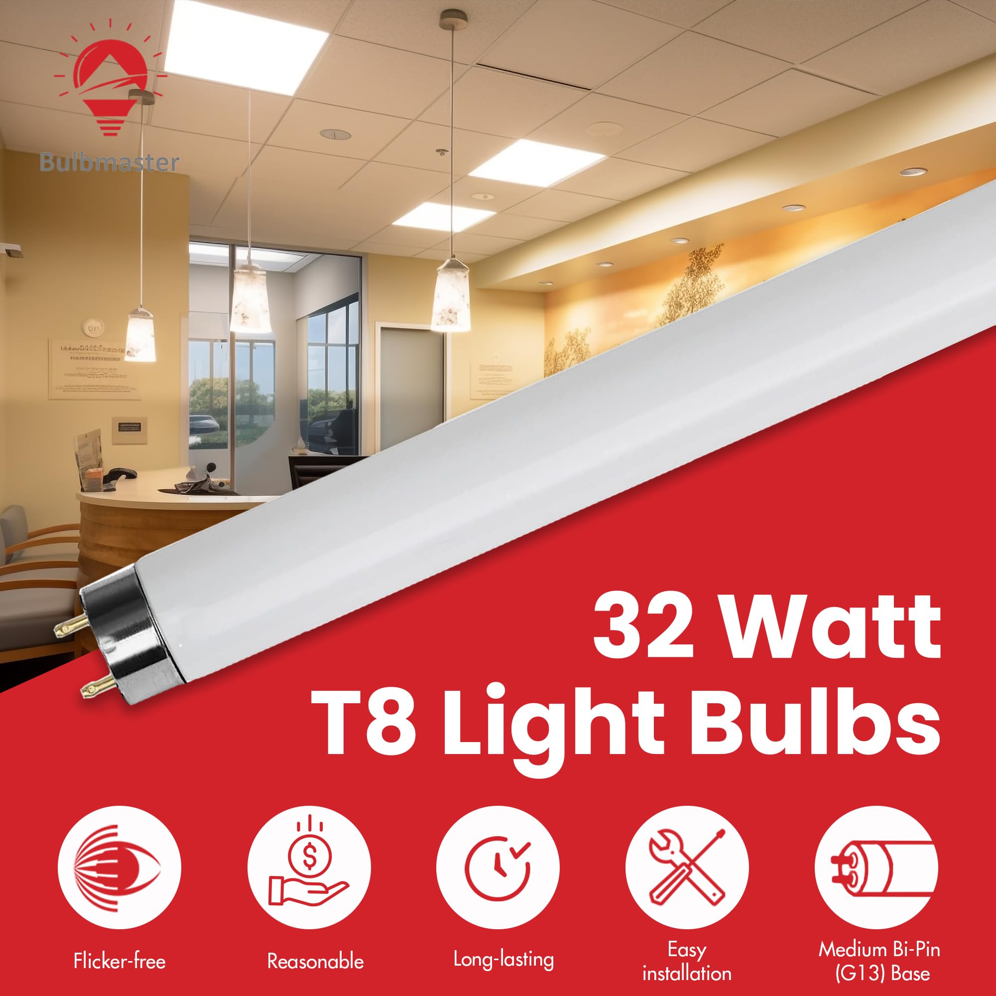 BULBMASTER F32T8/41K Fluorescent Light Bulbs 32W 48 Inch T8 F32T8 Fluorescent Tube, F32T8 841 Flourescent Bulbs, 4100K Cool White, 2800 Lumens, G13 Medium Bi-Pin Base, 4-Pack