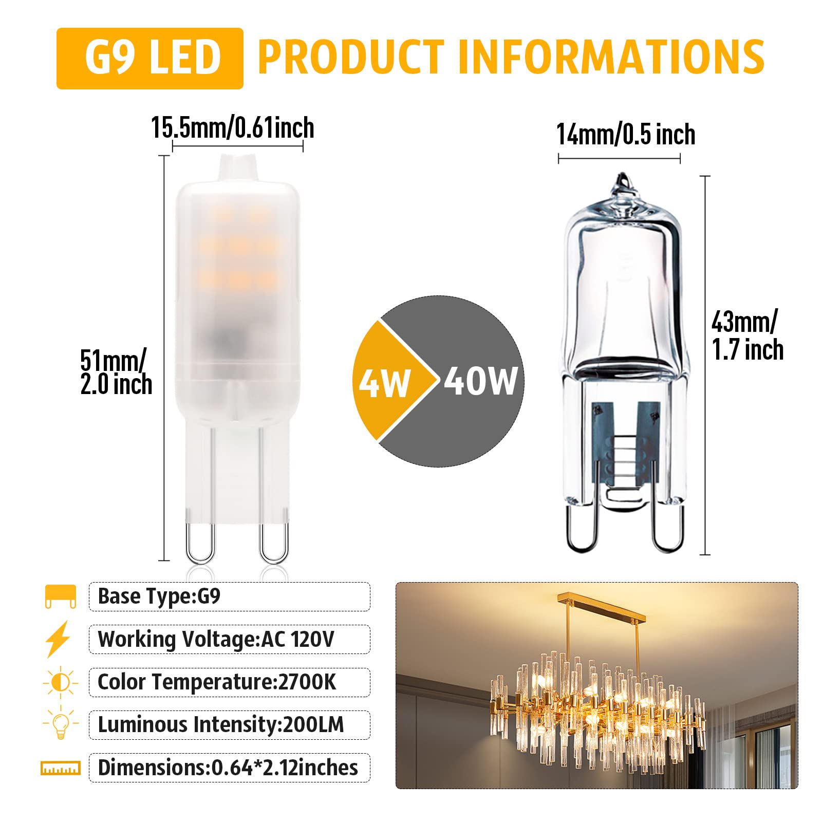 G9 LED Bulbs 2W (20W 25W Halogen Equivalent) 2700K - 3000K Warm White, T4 Chandelier Light Bulbs G9 Bi Pin Standard Base, No Flicker 120V AC 200LM 360°Beam Angle G9 Light Bulb, Not Dimmable Pack of 10