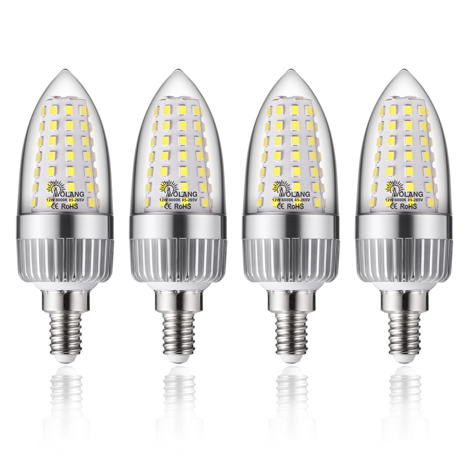 Aolang E12 LED Candelabra Bulb, 12W LED Candle Bulbs,100-Watt Light Bulbs Equivalent, Daylight White 6000K Chandelier Bulbs, E12 Candelabra Base, 85V-265V, 1200Lumens, Non-Dimmable (4 Pack)